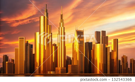 A futuristic city skyline at sunset with golden sunlight reflecting off the skyscrapers creating beauty 132543366