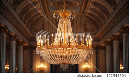 Elegant chandelier with intricate crystal details illuminating a luxurious space with warm light 132543504