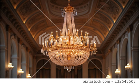 Elegant chandelier with crystal details suspended in a church creating an atmosphere of serenity 132543505