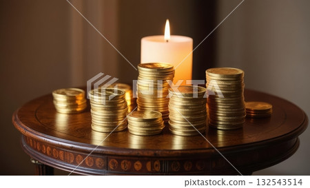 Soft candlelight illuminating stacks of gold coins resting on an antique wooden table creating charm Soft candlelight illuminating stacks of gold coins resting on an antique wooden table creating charm 132543514