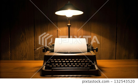 Old typewriter resting on a desk with a blank sheet of paper ready for creative inspiration 132543520