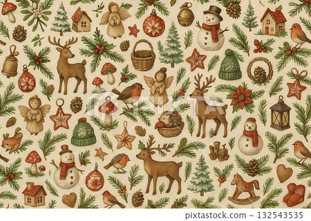 Festive Holiday Background: Traditional Hand-Drawn Design with Woodland Animals and Winter Motifs 132543535