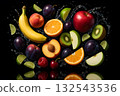 Dynamic Mix of Ripe Fruits and Berries with Water Splash on Reflective Black Background, Concept of Healthy Vitamins 132543536