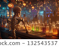 Spooky Skeleton Bartender Serving Luminous Potions at a Halloween Bar: Pick Your Poison Concept 132543537
