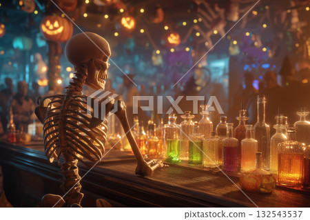 Spooky Skeleton Bartender Serving Luminous Potions at a Halloween Bar: Pick Your Poison Concept Spooky Skeleton Bartender Serving Luminous Potions at a Halloween Bar: Pick Your Poison Concept 132543537