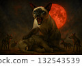 Mythical Creature of the Night: Vicious Feline and Jackals Over a Carcass, Fantasy Horror Theme 132543539