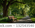Idyllic Urban Oasis: Historic Park with Lush Foliage, Sunlight, and an Empty Cast Iron Bench 132543540