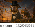 Pit Bull Traveler on a Steampunk Airship Deck at Sunset wearing Tuxedo and Top Hat with a Mechanical Ant Companion, Cinematic Warm Lighting and Nautical Rigging, Dramatic Fantasy Portrait 132543541