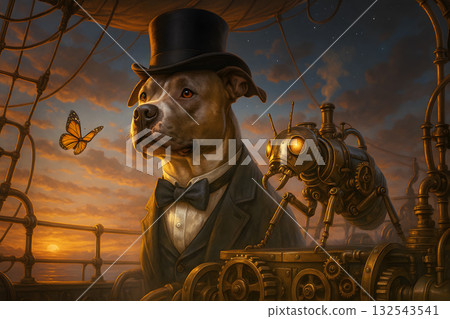 Pit Bull Traveler on a Steampunk Airship Deck at Sunset wearing Tuxedo and Top Hat with a Mechanical Ant Companion, Cinematic Warm Lighting and Nautical Rigging, Dramatic Fantasy Portrait Pit Bull Traveler on a Steampunk Airship Deck at Sunset wearing Tuxedo and Top Hat with a Mechanical Ant Companion, Cinematic Warm Lighting and Nautical Rigging, Dramatic Fantasy Portrait 132543541