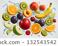 Vibrant Floating Fruits with Water Splash over Dark Studio Background Showing Oranges Kiwis Apples Bananas Peaches Limes Plums Cherries and Raspberries in Dynamic Advertising Composition 132543542