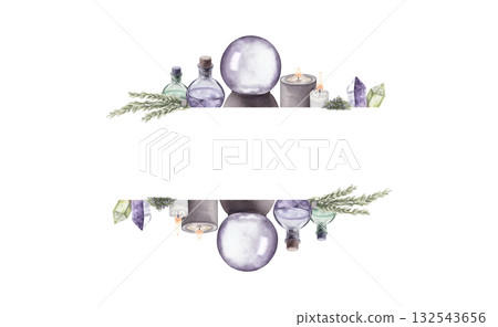 Template with crystal ball, candles, potions and herbs. Watercolor hand drawn illustration. For text, design, invitation and greeting cards Template with crystal ball, candles, potions and herbs. Watercolor hand drawn illustration. For text, design, invitation and greeting cards 132543656