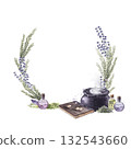 Watercolor wreath with magical items. Cauldron, potions, runes and herbs. Hand drawn illustration isolated on white background. Template for design, postcards, invitations 132543660