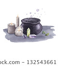 Watercolor composition of sparkling cauldron, candles and gemstones. Hand drawn illustration isolated on white background for print and design 132543661