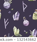 Watercolor seamless pattern with potions, crystals, runes and herbs on dark purple background. Hand drawn illustration. For design of various products, printing, textile 132543662