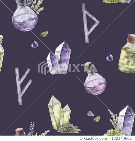 Watercolor seamless pattern with potions, crystals, runes and herbs on dark purple background. Hand drawn illustration. For design of various products, printing, textile 132543662