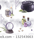 Watercolor seamless pattern with magical items. Cauldron, crystal ball, candles, potions, crystals, runes and herbs. Hand drawn illustration. For design of various products, printing, textile 132543663