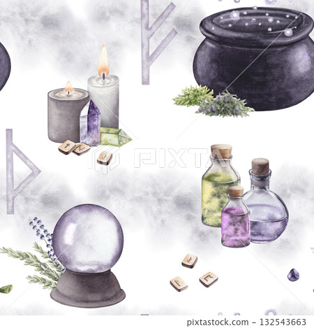 Watercolor seamless pattern with magical items. Cauldron, crystal ball, candles, potions, crystals, runes and herbs. Hand drawn illustration. For design of various products, printing, textile 132543663