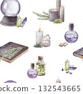 Watercolor seamless pattern with magical items. Crystal ball, candles, potions, crystals, runes and herbs. Hand drawn illustration. For design, printing, textile 132543665