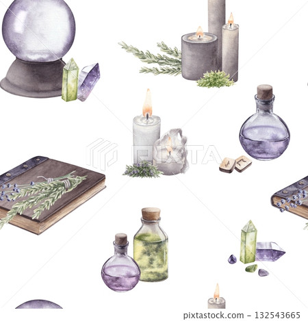 Watercolor seamless pattern with magical items. Crystal ball, candles, potions, crystals, runes and herbs. Hand drawn illustration. For design, printing, textile Watercolor seamless pattern with magical items. Crystal ball, candles, potions, crystals, runes and herbs. Hand drawn illustration. For design, printing, textile 132543665