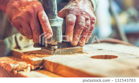 Weathered hands guide power tool over wooden surface, surrounded by sawdust in workshop setting. Concept of skill, precision and dedication of modern woodworking. Perfect for DIY, craftsmanship themes 132543703