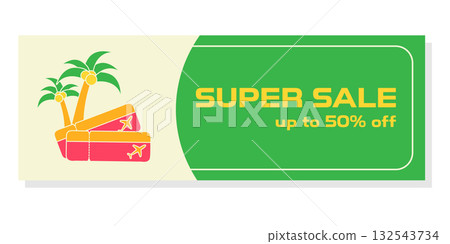 This travel promotion features two tickets, palm trees, and a discount of up to 50 percent off. A flyer for travel agencies and tour operators offers vacation deals. 132543734