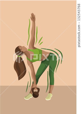 A fitness woman showcases an effective kettlebell exercise in a minimalistic setting. She demonstrates flexibility and strength with an upward reach. A fitness woman showcases an effective kettlebell exercise in a minimalistic setting. She demonstrates flexibility and strength with an upward reach. 132543768
