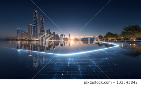 Futuristic Cityscape at Dusk with Digital Grid Reflection Futuristic Cityscape at Dusk with Digital Grid Reflection 132543842