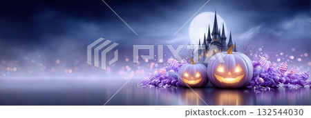 Moonlit Halloween Castle with Glowing Pumpkins and Scattered Candies 132544030