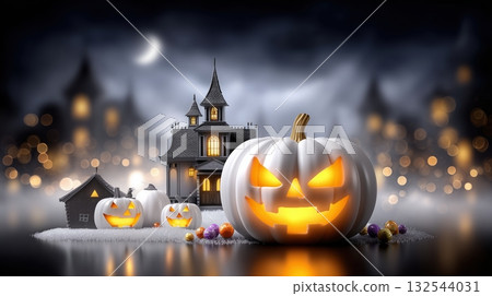 Moonlit Halloween night with glowing white jack-o-lanterns, haunted house, and mysterious bokeh lights 132544031