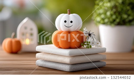 Smiling pumpkin figurine with a spider and autumn flowers on stacked fabrics, perfect for fall or Halloween. 132544032