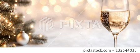 Sparkling champagne with festive Christmas tree and golden bokeh lights 132544033