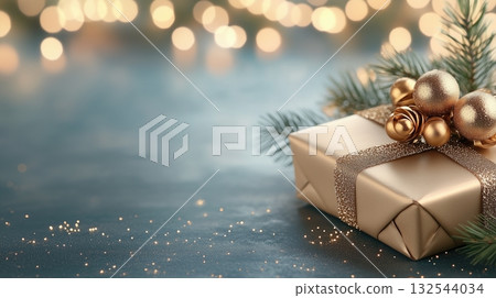 Sparkling Golden Gift Box with Christmas Ornaments and Bokeh Lights 132544034