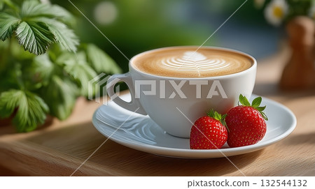 Delicious latte art coffee and fresh strawberries in a peaceful outdoor setting 132544132