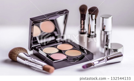 Elegant Eyeshadow Palette with Professional Makeup Brushes and Beauty Products Elegant Eyeshadow Palette with Professional Makeup Brushes and Beauty Products 132544133