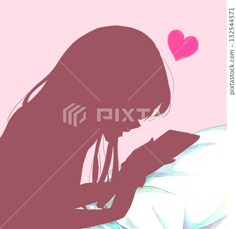 Woman lying face down touching smartphone pillow heart silhouette Woman lying face down touching smartphone pillow heart silhouette 132544571