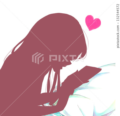 Woman lying face down touching smartphone pillow heart silhouette Woman lying face down touching smartphone pillow heart silhouette 132544572
