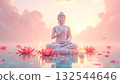 Buddha statue surrounded by glowing lotus flowers floating on calm water, with soft pastel clouds in background. Perfect for Buddha Day celebrations, wellness campaigns, or spiritual event promotions 132544646