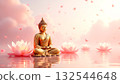 Golden Buddha statue meditating on lotus surrounded by blooming flowers, serene water, and pastel pink sky. Ideal for Vesak Day designs, promoting meditation retreats, or spiritual wellness campaigns 132544648