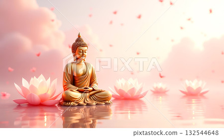 Golden Buddha statue meditating on lotus surrounded by blooming flowers, serene water, and pastel pink sky. Ideal for Vesak Day designs, promoting meditation retreats, or spiritual wellness campaigns 132544648