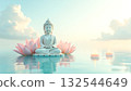 Tranquil white Buddha statue surrounded by lotus flowers and floating candles on calm water, celebrating Vesak Day. Concept of peace, spiritual enlightenment and honoring Buddhas teachings. Copy space 132544649