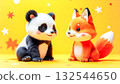 Adorable cartoon-style panda and fox sitting together on yellow background with playful star accents. Perfect for children s products, storybook illustrations or cheerful branding for kids campaigns 132544650