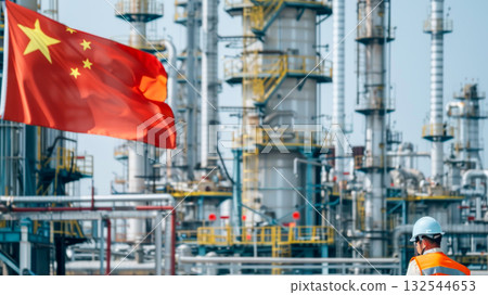 Industrial oil refinery with towering structures and pipeline under clear sky, featuring Chinese flag and worker in safety gear. Concept of energy production, industry, and China national development 132544653