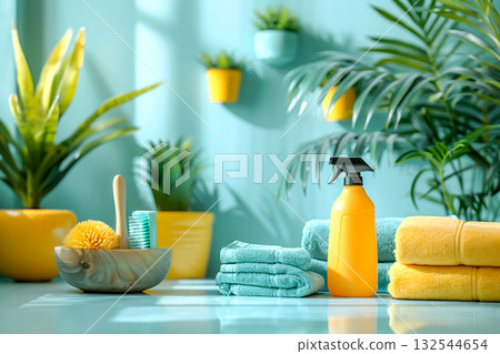 Bright spring cleaning setup with towels, spray bottle, natural brushes, and vibrant green plants in sunlit space. Perfect for ads promoting eco-friendly cleaning products or fresh home inspirations 132544654
