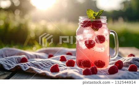 Sparkling Raspberry Lemonade Jar . Drinks concept. Generated Image 132544914