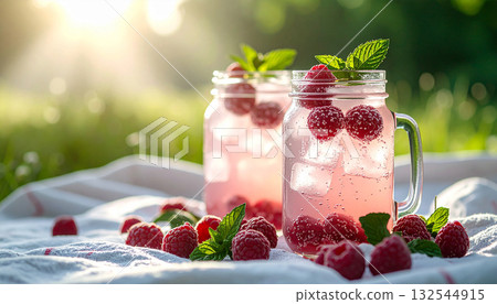 Sparkling Raspberry Lemonade Jar . Drinks concept. Generated Image 132544915