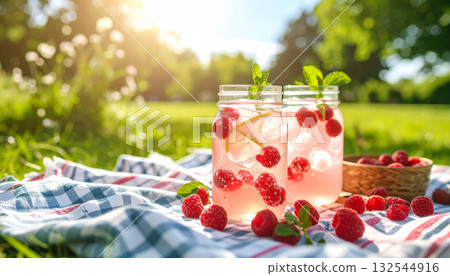 Sparkling Raspberry Lemonade Jar . Drinks concept. Generated Image 132544916