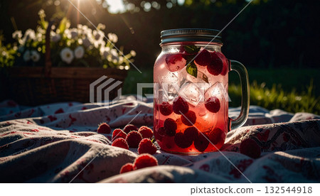 Sparkling Raspberry Lemonade Jar . Drinks concept. Generated Image 132544918