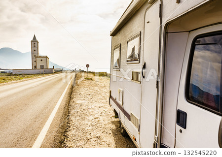 Caravan and church San Miguel, Cabo de Gata, Spain 132545220