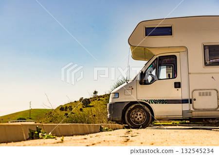 Rv camper camping on nature, Spain. 132545234