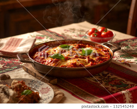 Hot, steaming, freshly baked Italian lasagna in a rustic pan, topped with melted cheese and fresh basil leaves. Hot, steaming, freshly baked Italian lasagna in a rustic pan, topped with melted cheese and fresh basil leaves. 132545249